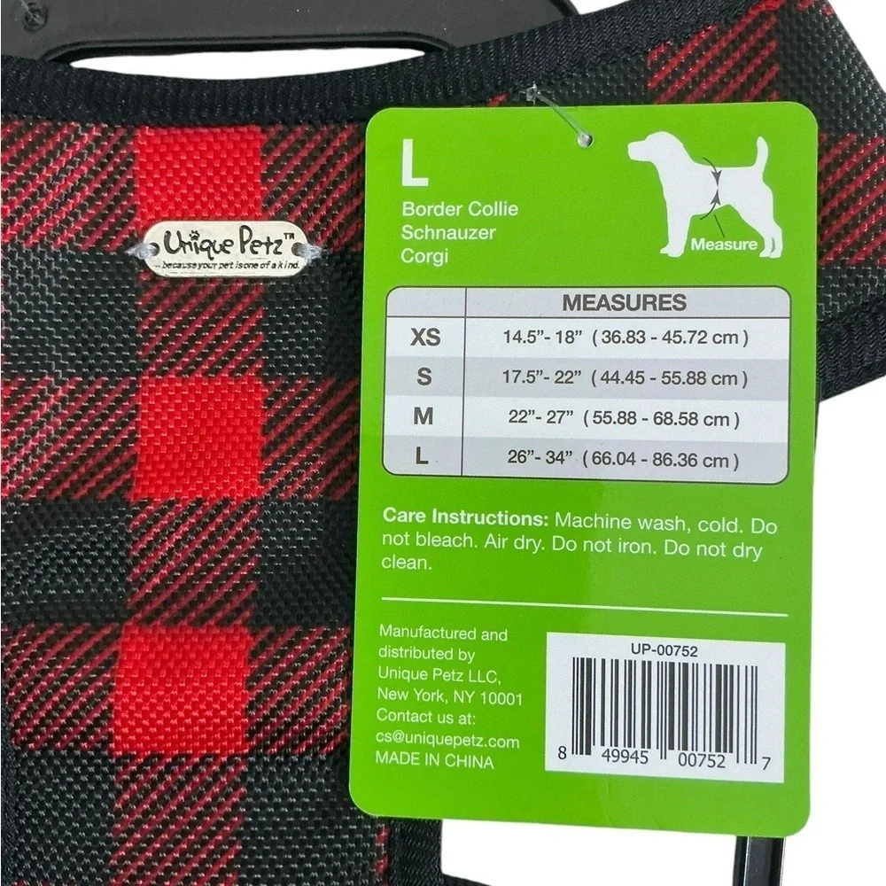 Unique Petz Dog Large Harness Red Black Tartan Plaid Comfy Adjustable SZ L